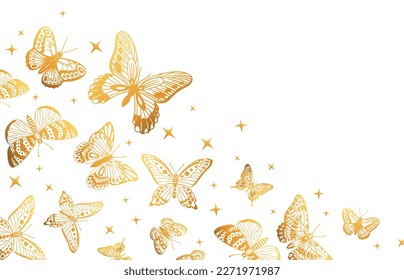 Golden butterflies backdrop. Cartoon gorgeous butterfly pattern, gold butterfly flock, gorgeous exotic moths flat vector background illustration