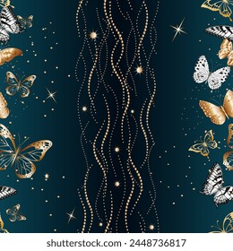 Mariposas doradas con decoración. Patrón de Vector inconsútil con mariposas doradas sobre un fondo degradado azul.