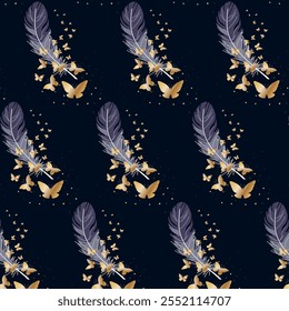 Golden butterflies and feathers.Vector seamless pattern with golden butterflies and feathers on a colored background with golden confetti.