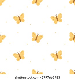 Golden butterflies fluttering in a seamless pattern on a soft background, perfect for fabric prints, nursery decor