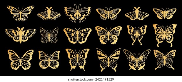 Golden butterflies. Gold butterfly shiny decorative moth silhouettes. Cute beautiful spring, summer winged insects for wedding invitation card. Vector isolated set. Elegant tropical creatures