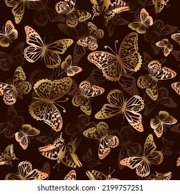 Golden butterflies on a brown background. Seamless pattern. Vector illustration