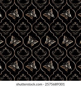 Golden butterflies in the ornament.Vector seamless pattern with golden butterflies in golden ornament on black background.