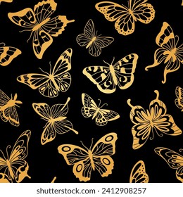 Golden butterflies seamless pattern. Gold butterfly in flight, moth with detailed ornament on wings outline on black background. Vector texture for wrapping and cover. Elegant flying creatures