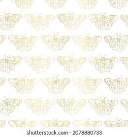 Golden Butterflies seamless vector pattern gold metallic foil effect. Butterfly background line art butterflies on white. Elegant hand drawn design for spring decor, summer, wrapping, surface design.