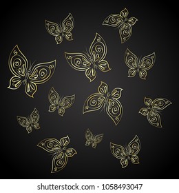 Golden butterflies set on black background vector