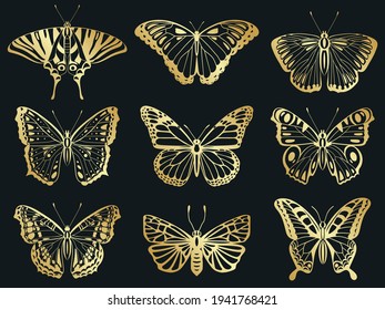 Golden butterflies. Shiny gold decorative butterflies silhouettes, beautiful insect wings vector illustration icons set. Abstract golden butterflies