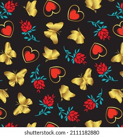 golden butterflies,gold hearts red flower bouquets