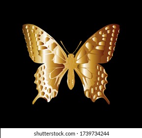 Golden butterfly art symbol vector illustration and tattoo sign. Monarch Butterfly vector with open wings in a top view. Flying migratory insect. Butterflies symbol of summer and beauty of nature.