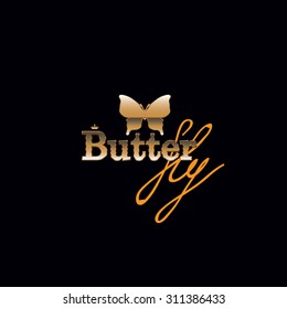 Golden butterfly with exlusive text on black background. Vector decorative illustration. 