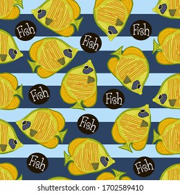 Golden butterfly fish pattern. Vector seamless pattern. Swimming fishes and text fish on striped blue background. Design for scrapbooking, gift wrap, kids fashion prints, beach apparel. Cartoon style.