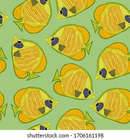 Golden butterfly fish pattern. Vector seamless pattern. Swimming fishes on green background. Design for summer scrapbooking, gift wrap, kids fashion prints, beach apparel. Cartoon style.