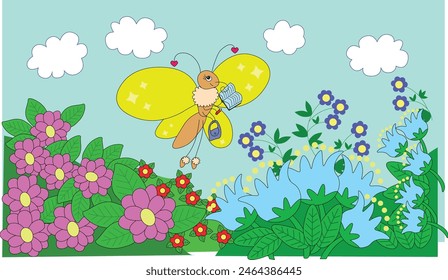 golden butterfly flies over flowers