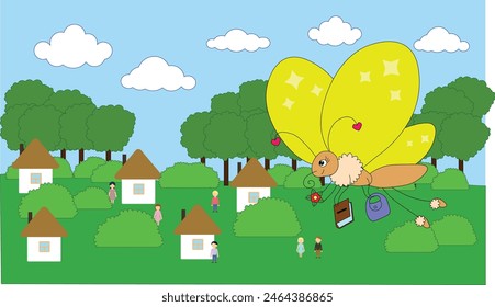 golden butterfly flies over people and houses