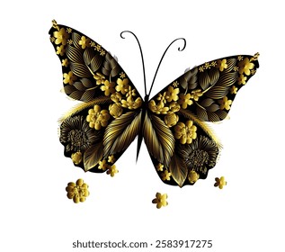 Golden butterfly with golden flowers. hand drawing. Not AI. Vector illustration.