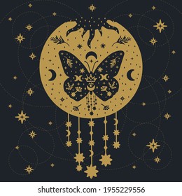 A golden butterfly on a black background. A poster with fluttering insects in the form of dream catchers. Starry background of a magic postcard with moths. Vector illustration