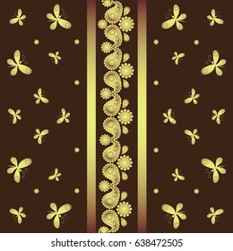 Golden butterfly and ornament. The background is dark brown. Indian motifs. Festive background. Design for textile, tapestry, printing on fabric or paper.