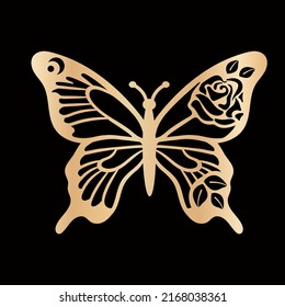 Golden Butterfly With A Rose Flower On Its Wings. Stencil For Cutting