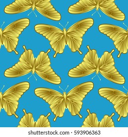 Golden butterfly seamless pattern isolated on blue background. Textile print , luxury wallpaper.