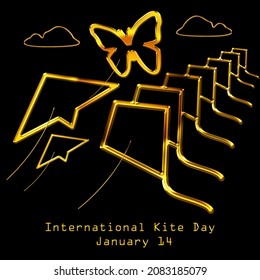 Golden butterfly, triangle and rectangular shaped kite flying in the sky with clouds line art  isolated on black background,  International kite day january 14