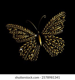 Golden butterfly from twigs and leaves. hand drawing. Not AI. Vector illustration.