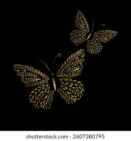 Golden butterfly from twigs and leaves. hand drawing. Not AI. Vector illustration.