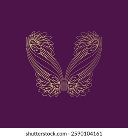 Golden butterfly wings design on purple background.