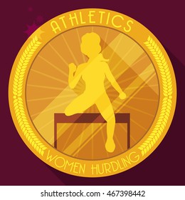 Golden button in flat style for female hurdling with woman jumping over a hurdle.