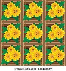 Golden button flowers  on brown Frame, vector seamless illustration