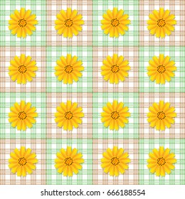 Golden button flowers on chess pattern green turn brown, seamlesss vector illustration