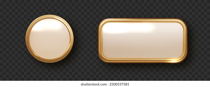 Golden button isolated. Realistic banner with golden frame. Isolated 3d design element, golden glossy label.