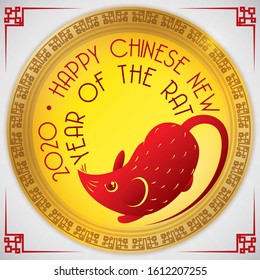 Golden button like coin with cute mouse silhouette and greeting to celebrate the Chinese New year of the Rat in 2020.