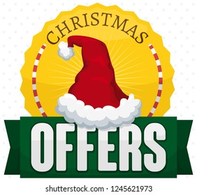 Golden button with Santa's hat, candy cane and ribbon promoting Christmas offers.