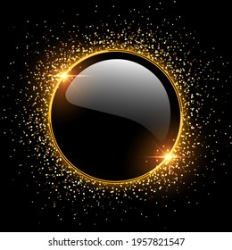 Botón dorado y anillo espumoso con brillo sobre fondo negro. Lujoso vector y brillante icono dorado.