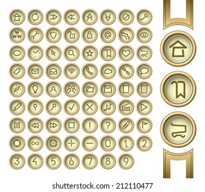 Golden buttons. Internet and media user interface icons set.