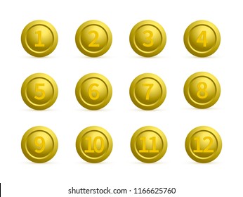 Golden buttons isolated on white. Set of gold round buttons with numbers from 1 to 12 with shadows. Numbered badges vector icons. 3d keys for websites and mobile applications. Easy to edit template.