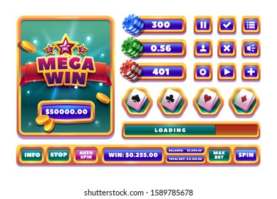 
Golden buttons and slots icons. Elements for 2d games. Game ui kit
