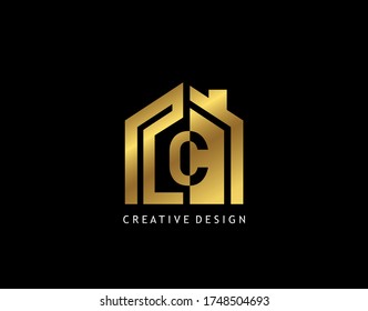 Golden C Letter Logo. Minimalist gold house shape with negative C letter, Real Estate Building Icon Design.