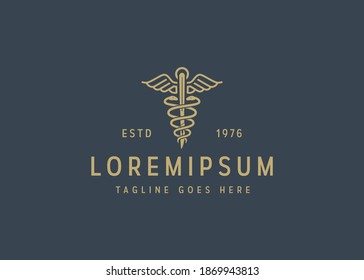 golden caduceus medical icon design. Illustration of golden caduceus medical. Vintage logo design vector line icon template