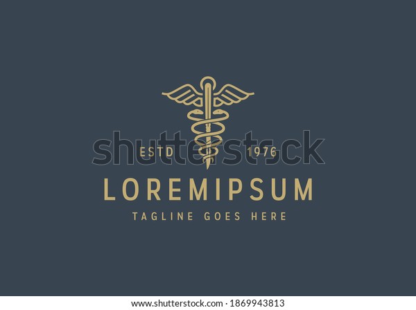 golden caduceus medical icon design.\
Illustration of golden caduceus medical. Vintage logo design vector\
line icon template