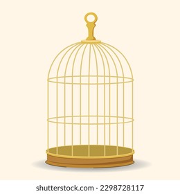 Golden cage for a bird. House for the bird. Pet. Vector illustration in cartoon style.