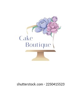 Golden cake with hand drawn pastel flowers, roll cake, cake logo