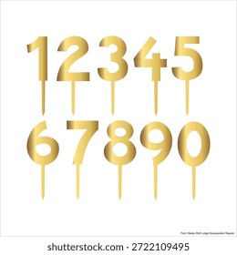 Golden cake topper numbers set from 0 to 9 on sticks. Elegant metallic gold number toppers for birthday, anniversary, wedding, and celebration cakes. Isolated on white background. Perfect for party decorations, festive desserts, bakery designs, and celebration concepts.