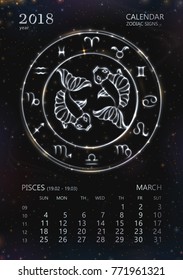 GOLDEN Calendar for 2018 year. PISCES in march Calendar for 2018 year. Astrology Zodiac Signs. Shining elements and stars. 12 zodiac symbols in light golden colors. 
Golden New Calendar for 2018 year
