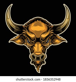 Golden calf. Colorful vector illustration in stylish engraving technique of bull head. Isolated on black background.