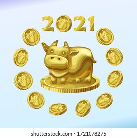 Golden calf on the coin vector illustration, symbol 2021 ox made of gold icon and money isolated
