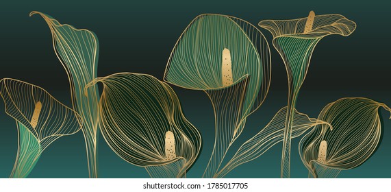 Golden calla lily pattern vector, Wedding wallpaper background for warapping paper design, brochure, backdrop, packaging and print vector illustration. 