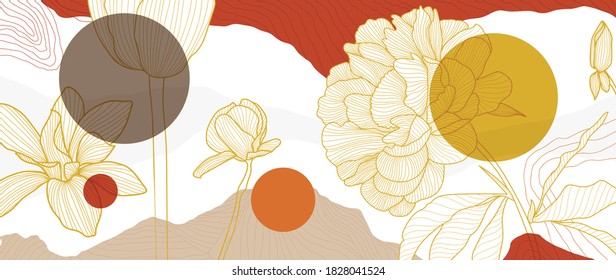 Película dorada Peony y vector de patrón de lirio, fondo de fondo de papel de casamiento para el diseño de papel de enrejado, folleto, fondo, embalaje e ilustración vectorial de impresión. 