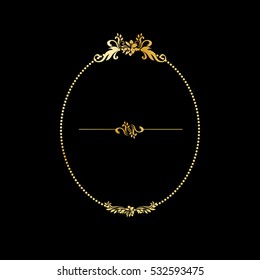 Golden Calligraphic Design Oval Frame On The Black Background. For Gold Menu And Invitation Cards, Page Decor. Luxury Style Calligraphy With Divider