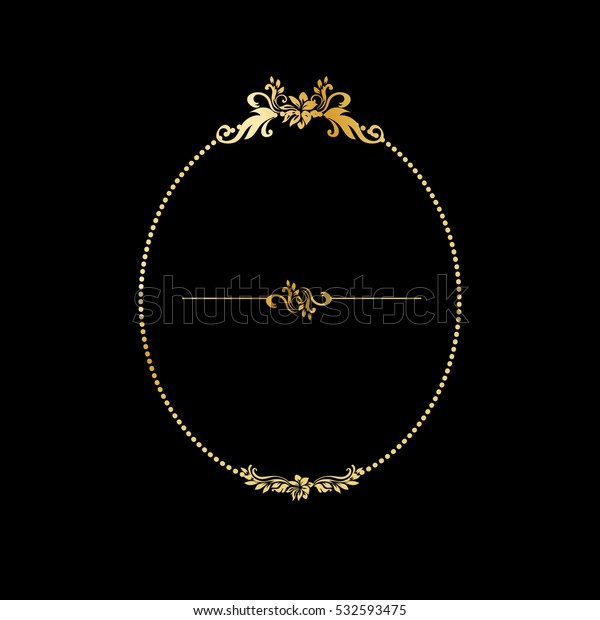 Golden calligraphic design oval frame on the\
black background. For gold menu and invitation cards, page decor.\
Luxury style calligraphy with\
divider